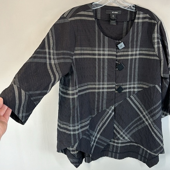 Ali Miles Plaid Tunic Top Size PM Artsy Crinkle Fabric Asymmetrical Fall Autumn - Picture 9 of 13